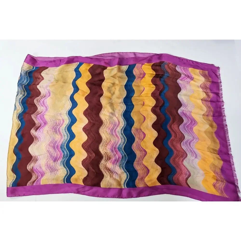 Missoni Foulard Silk Scarf Wrap Purple Waves Print Rectangular 76 x 26